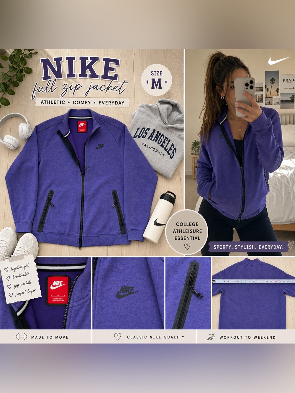 Nike Purple Full Zip Jacket Womens M Athletic Track Sweatshirt Athleisure Gym